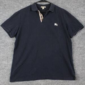 Burberry Brit Shirt Mens Large Navy Blue Polo Check Placket Logo Preppy Luxury